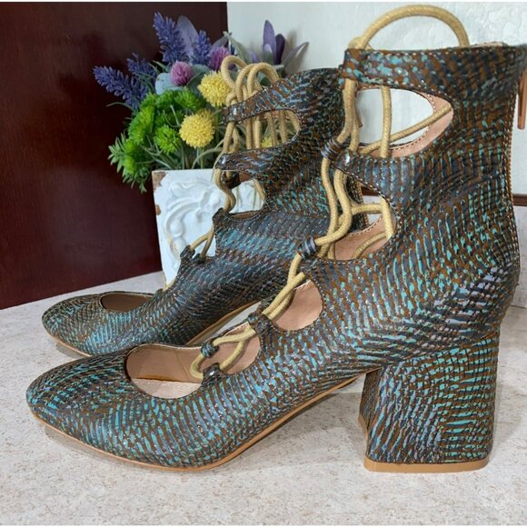 Vanessa Wu Ghillie Lace-Up Block Heels Size 38 US 7.5 Leather Upper Brown & Teal - Picture 2 of 12